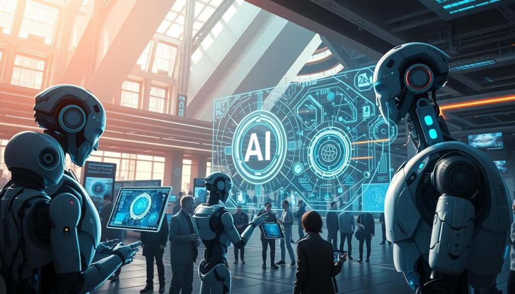 Vision futuriste de l'IA montrant l'évolution potentielle de l'intelligence artificielle dans les prochaines décennies Vision futuriste de l'IA montrant l'évolution potentielle de l'intelligence artificielle dans les prochaines décennies